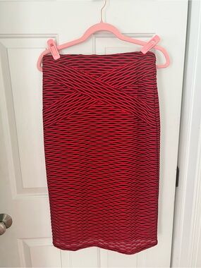 ECI Red and Black Wave-Stripe Pencil Skirt